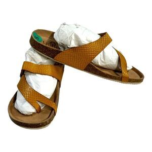 Yakono Yellow Leather Sandals With Buckle Made In Spain Size 8 Slides Brown NEW